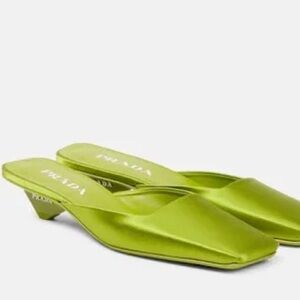 Prada Green Satin Square-Toe Kitten Heel Mules